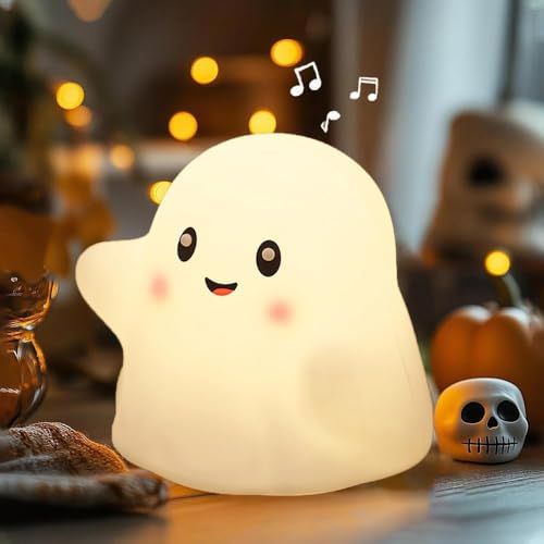 Veilleuse fantôme pour enfants, veilleuse d'Halloween avec 13 effets sonores interactifs, jolie lumière en silicone avec 3 niveaux de luminosité, adaptée pour les décorations d'intérieur d'Halloween
