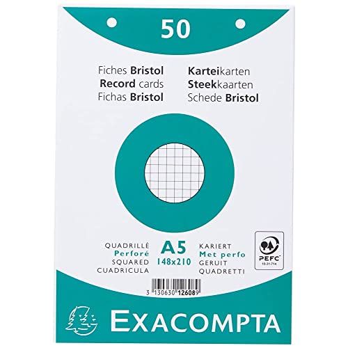 Exacompta - Réf. 12608E - Paquet de 50 fiches bristol quadrillées 5x5 perforées - sous film - compatibles avec imprimante jet d'encre, laser et photocopieur - format 148 x 210 mm - blanc