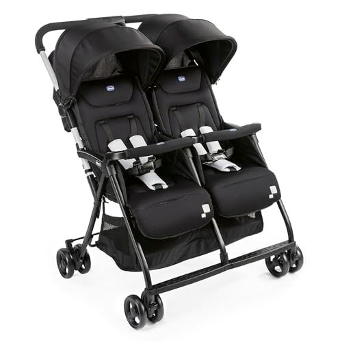 Chicco OHlalà Poussette Canne Double, Légère Inclinable et Pliable, Poussette pour Jumeaux de la Naissance à 15 kg, Fermeture Compacte, Inclus une Housse de Pluie, Capote Extensible - black night