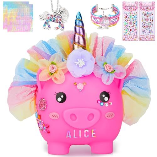 MHJY Tirelire Licorne pour Enfants Tirelire en Résine Incassable pour Filles avec Collier, Bracelet et Autocollants DIY - Coffre à Monnaie Mignon - Idée Cadeau Anniversaire Noël