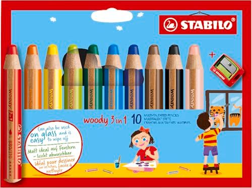 STABILO - Crayon de couleur - woody 3en1 - Etui carton x 10 crayons de couleur enfant - taille-crayon inclus - coloris assortis
