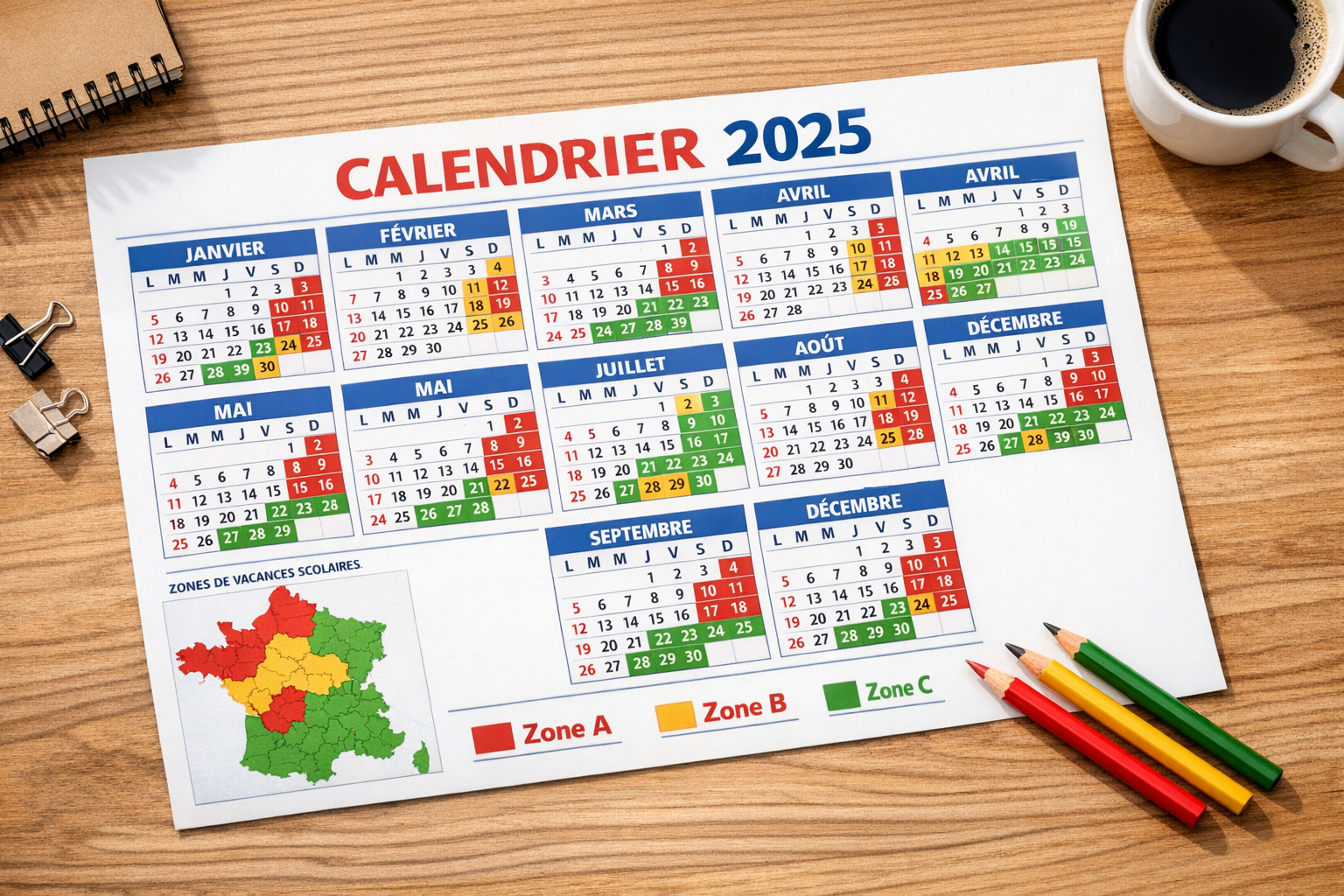 Calendrier 2025 vacances scolaires : dates par zones A, B, C
