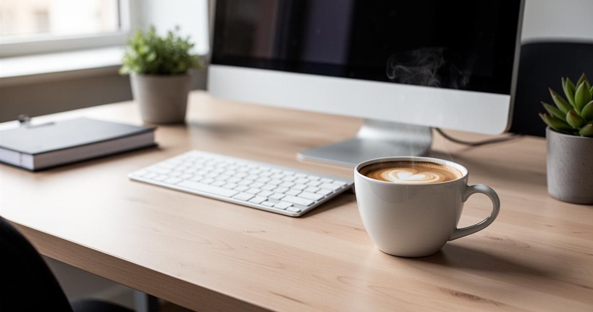 Bureau de travail avec ordinateur, clavier et tasse de café